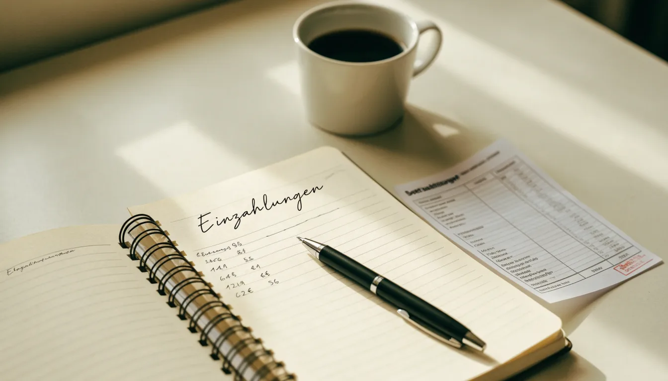 Ein aufgeschlagenes Notizbuch mit handschriftlichen Notizen und ein Kugelschreiber liegen auf einem hellen Schreibtisch neben einer Kaffeetasse.