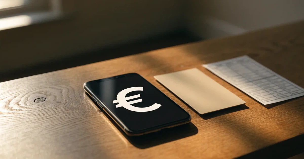 Ein Smartphone liegt mit dem Display nach unten auf einem Holztisch, daneben ein paar Euro-Münzen und eine unbeschriftete Plastikkarte im Morgenlicht.