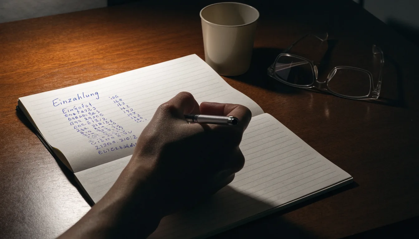 Ein Taschenrechner und ein Blatt Papier mit handschriftlichen Notizen liegen auf einem Schreibtisch unter dem warmen Licht einer Lampe.