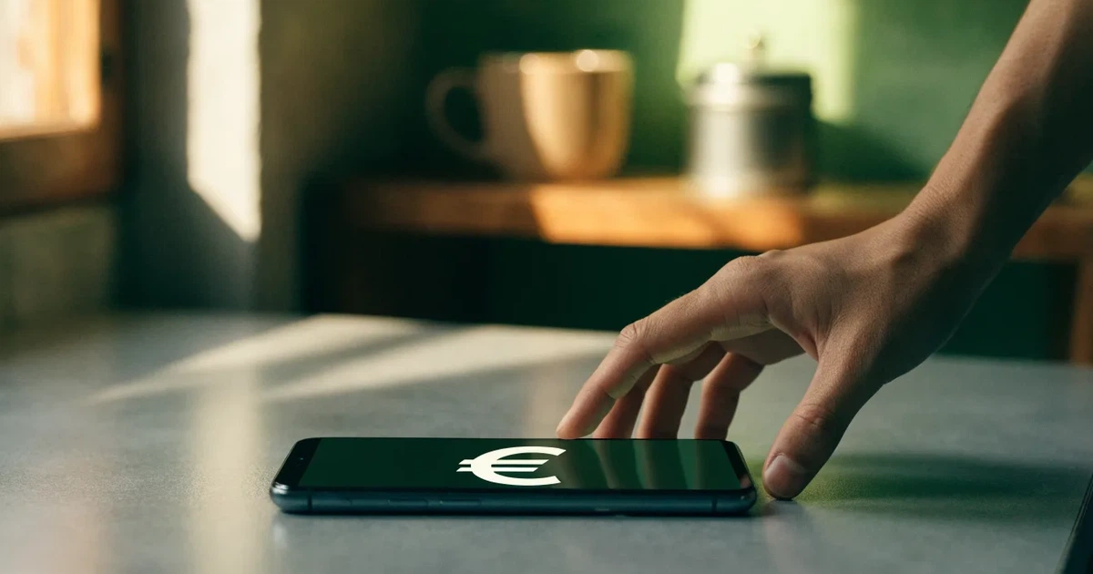 Eine Hand legt ein paar Münzen neben ein umgedrehtes Smartphone auf eine graue Tischplatte, dahinter verschwommen ein Küchenregal.