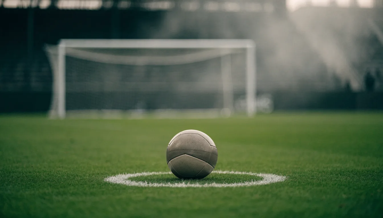 Ein Fußball liegt auf dem Elfmeterpunkt eines leeren Rasenplatzes, im Hintergrund eine Tribüne im Dunst.