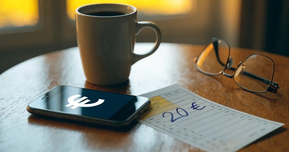 Zwei Euro-Scheine und ein Smartphone liegen auf einem Holztisch neben einer Tasse, im Hintergrund ein unscharfes Fenster.