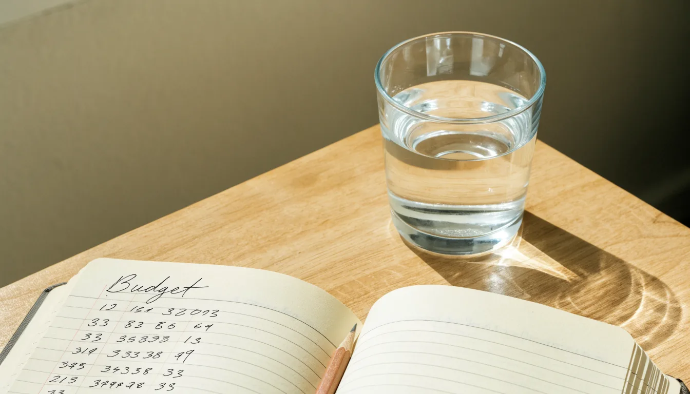 Ein aufgeschlagenes Heft mit handschriftlichen Notizen und ein Bleistift liegen auf einem Schreibtisch, daneben ein Glas Wasser.