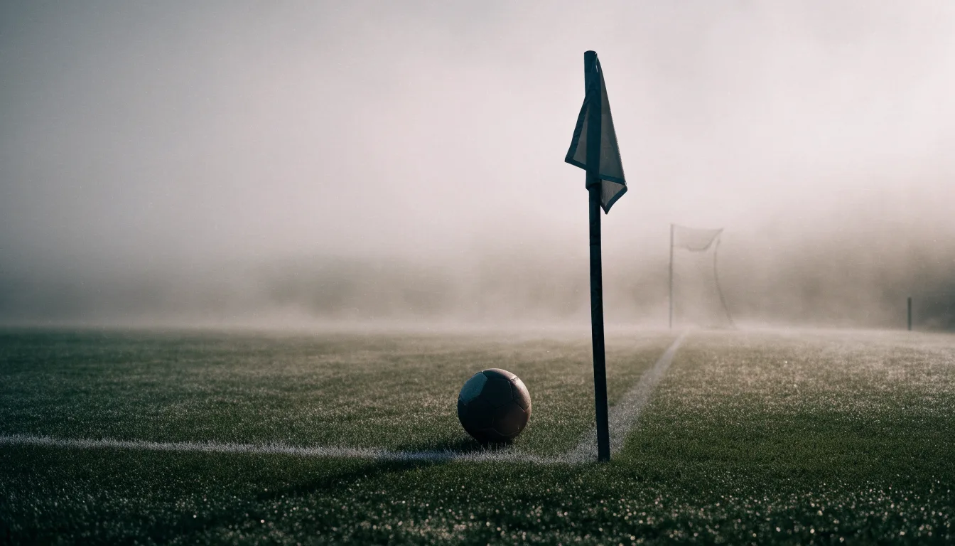 Der Rand eines Spielfelds mit weißer Linie und Eckfahne bei Nebel am frühen Morgen, ohne Menschen.