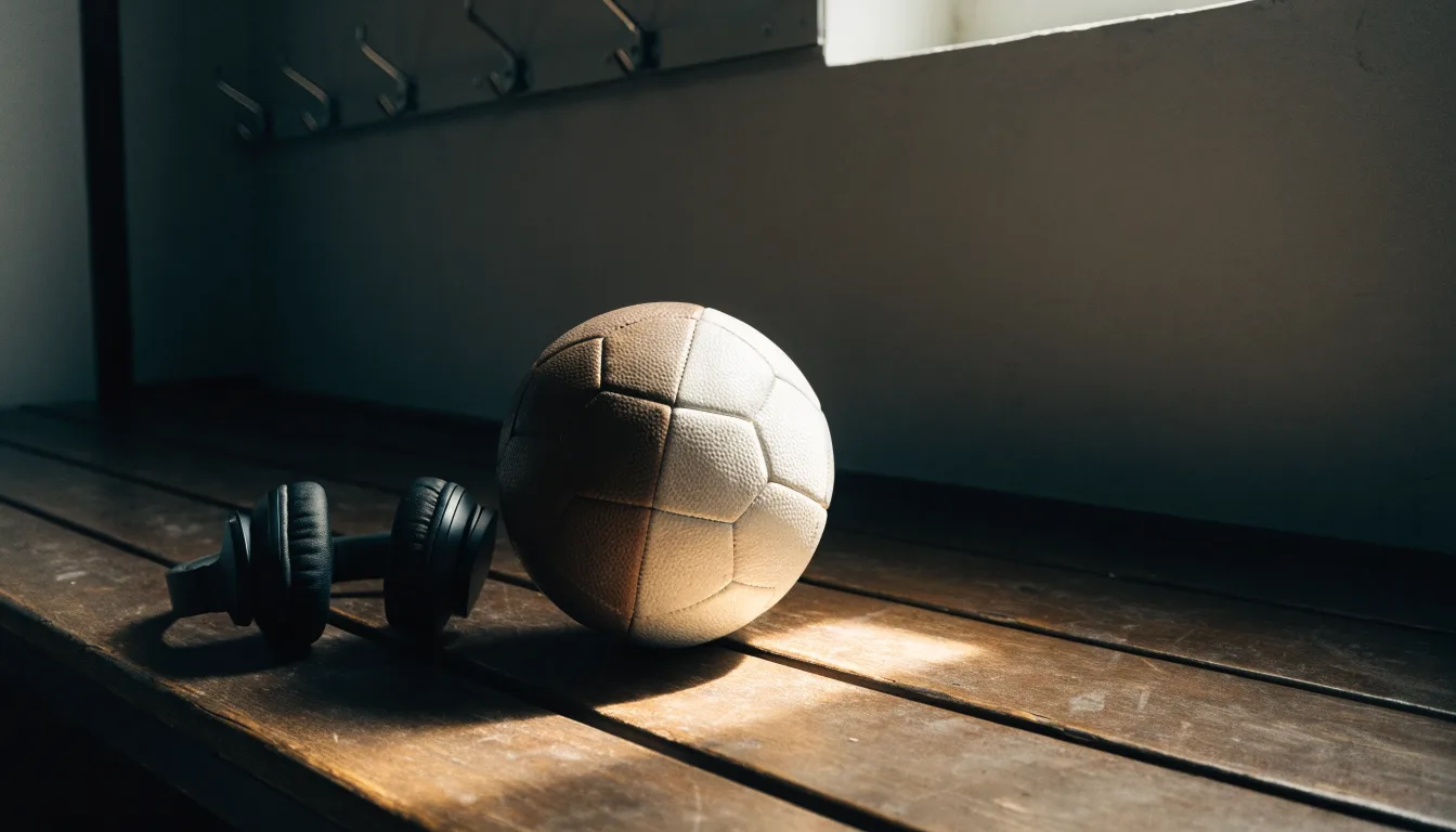 Ein Fußball liegt neben Kopfhörern auf einer Holzbank in einer Umkleide, Licht fällt durch ein schmales Fenster.