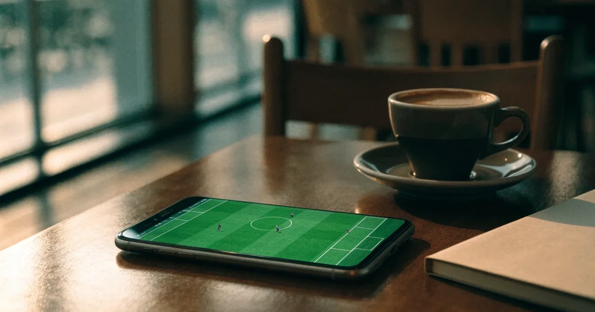 Ein Smartphone mit dunklem Bildschirm liegt auf einem Tisch in einem Café, daneben eine Tasse und ein Notizbuch.