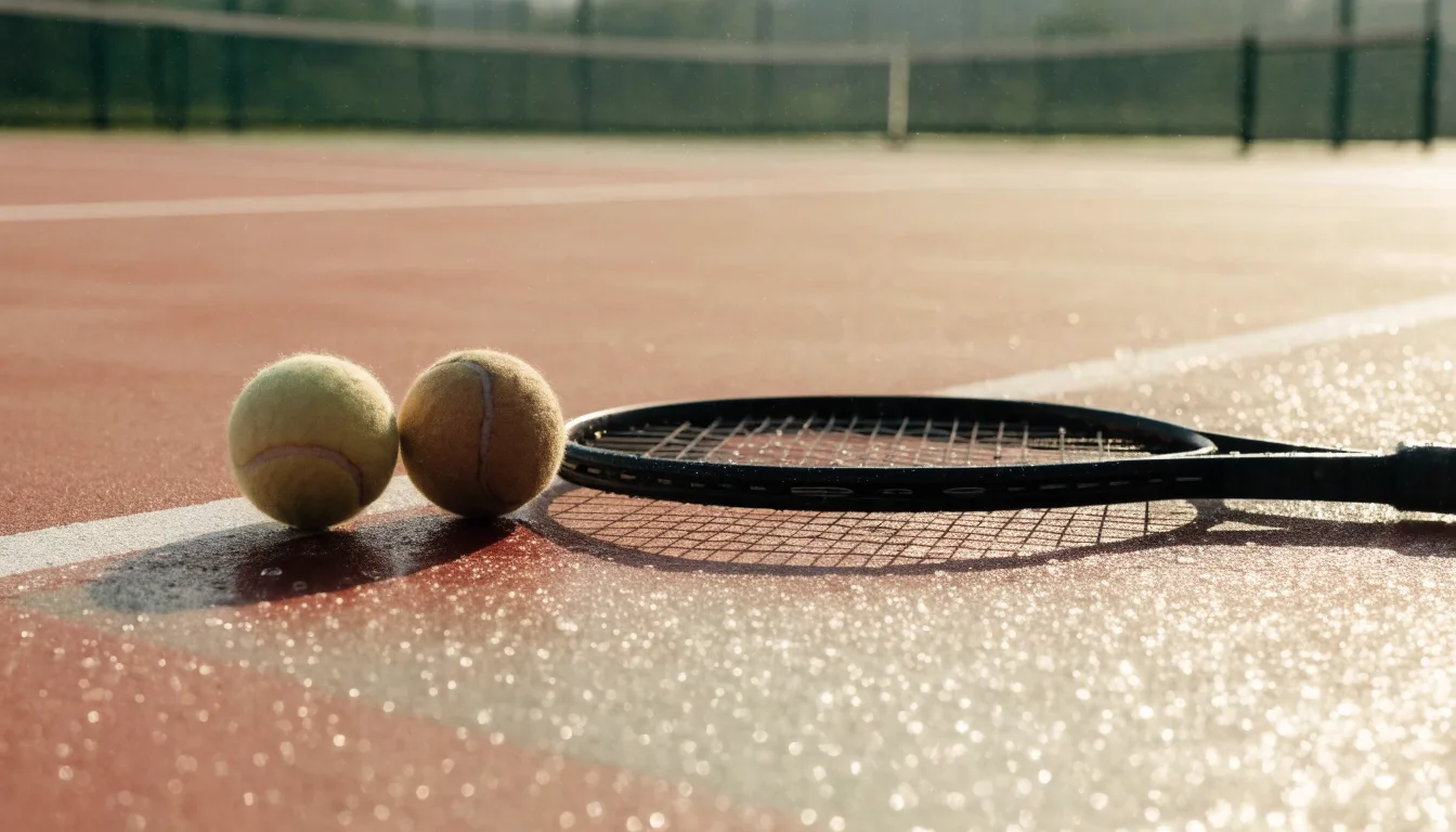 Zwei Tennisbälle und ein Schläger liegen auf der Grundlinie eines Hartplatzes, kleine Wassertropfen glänzen auf dem Belag.