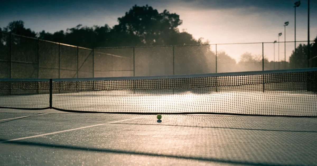 Ein leerer Tennisplatz mit Hartplatzbelag in der Morgendämmerung, das Netz im Gegenlicht und lange Schatten der Linien.
