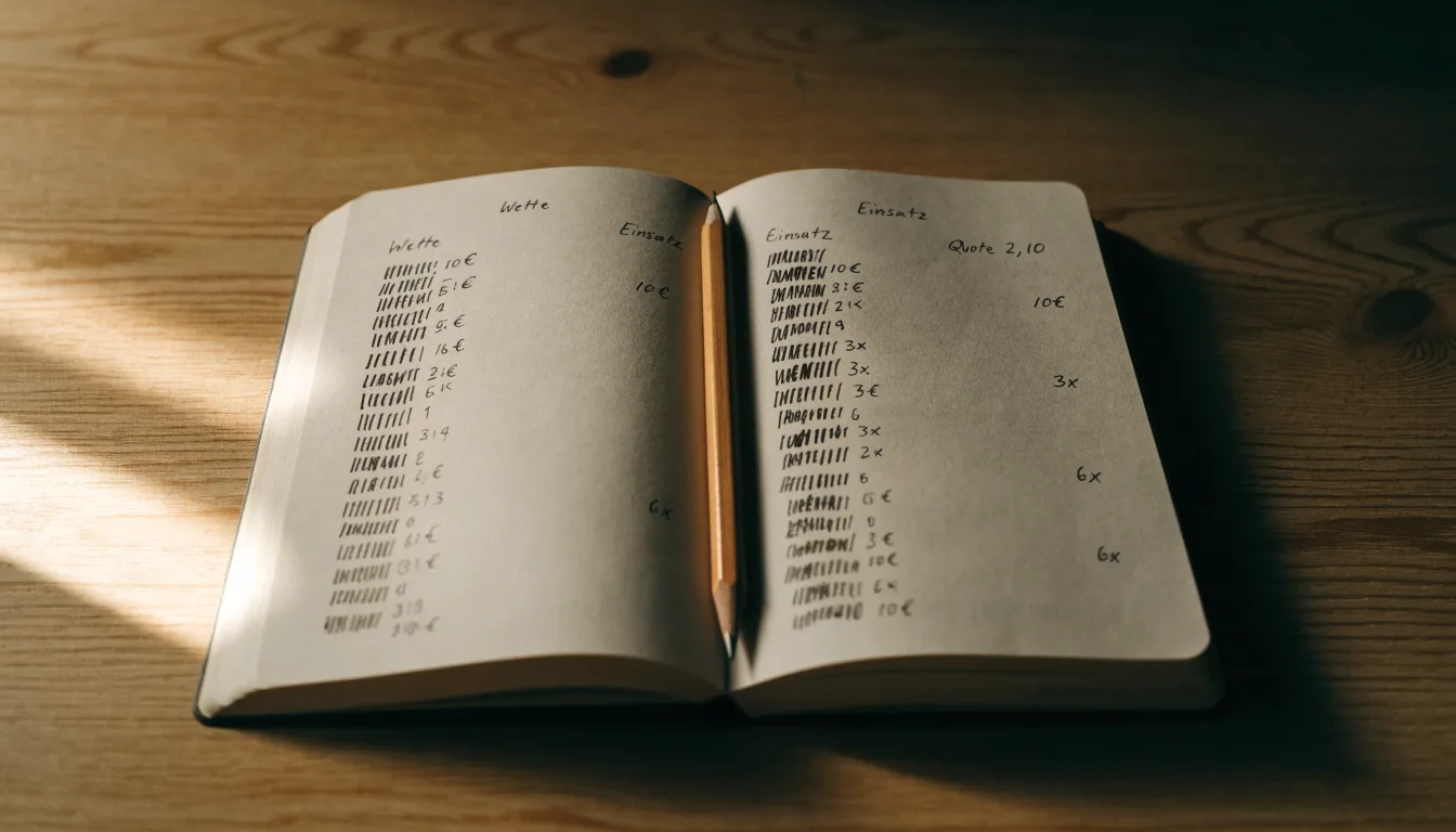 Ein handschriftlich geführtes Heft mit Strichlisten liegt neben einem Bleistift auf einem Tisch, seitlich fällt Tageslicht herein.