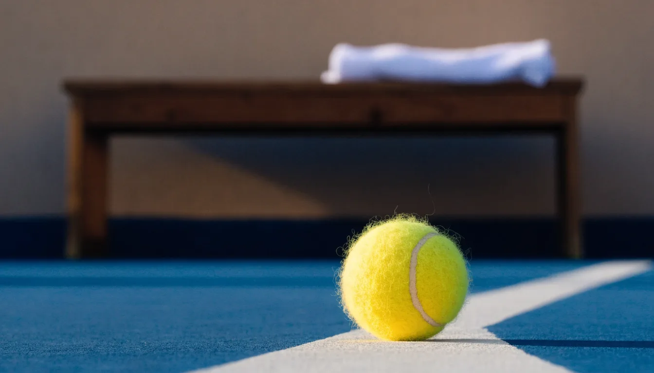 Ein gelber Tennisball liegt auf einer weißen Linie, daneben ein Handtuch auf einer Bank am Spielfeldrand.
