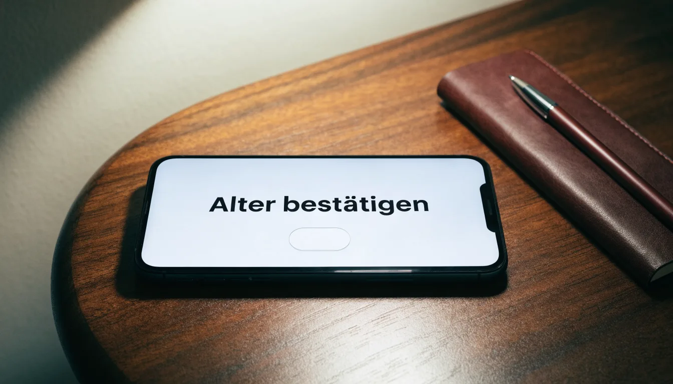 Eine Waage aus Messing steht neben einer Lupe auf einem polierten Schreibtisch im Licht einer Lampe.