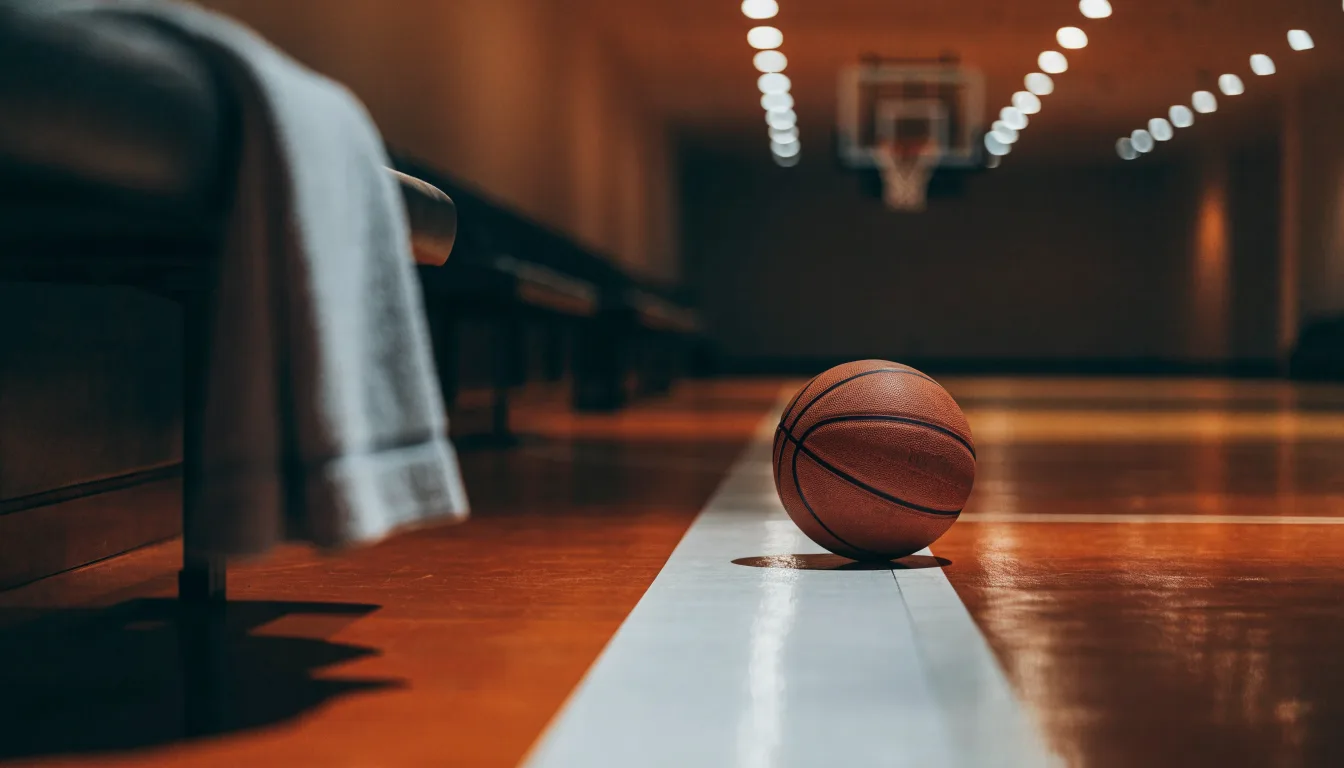 Ein Basketball liegt auf der Freiwurflinie einer Halle, im Vordergrund ein Handtuch auf einer Bank.