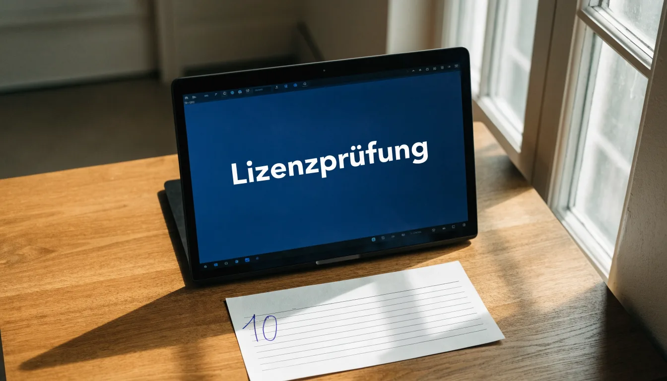 Ein Aktenordner ohne Beschriftung und ein Füllfederhalter liegen auf einem Schreibtisch vor einem Fenster.