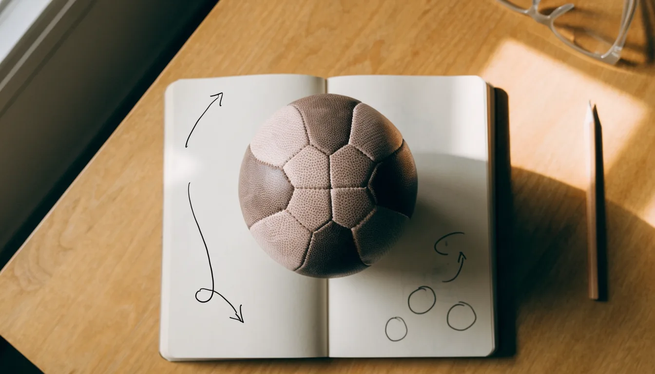 Ein Fußball liegt auf einem Notizbuch mit handgezeichneten Skizzen von Spielzügen, aufgenommen von oben auf einem Holztisch.