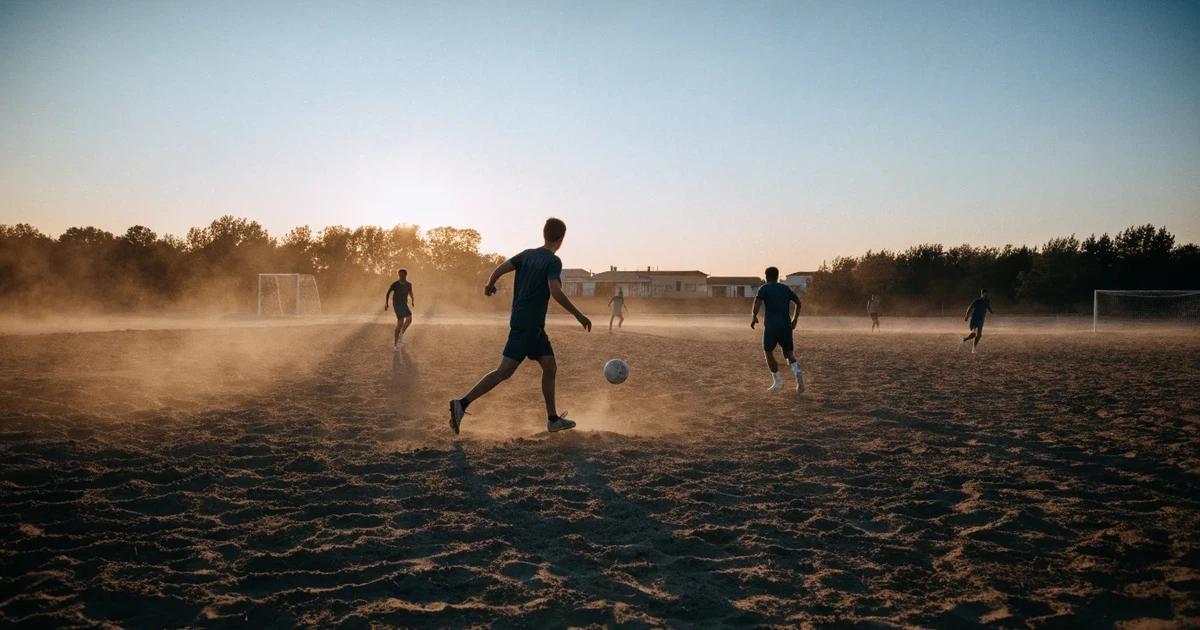 Ein sandiger Fußballplatz am Rand einer Stadt in warmem Abendlicht, Staub in der Luft und zwei Tore in der Ferne.