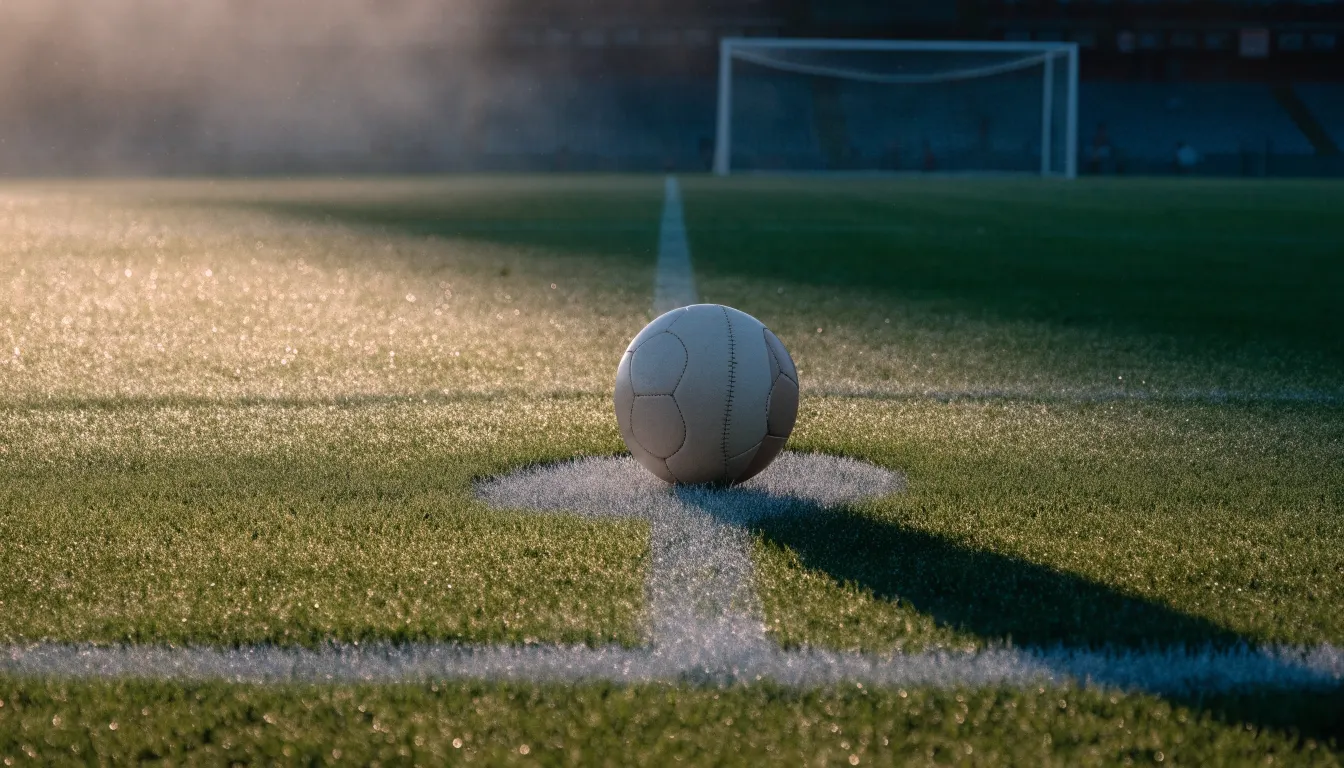 Ein Fußball liegt auf dem Anstoßpunkt eines Rasens bei Sonnenaufgang, Tau glitzert auf den Halmen.