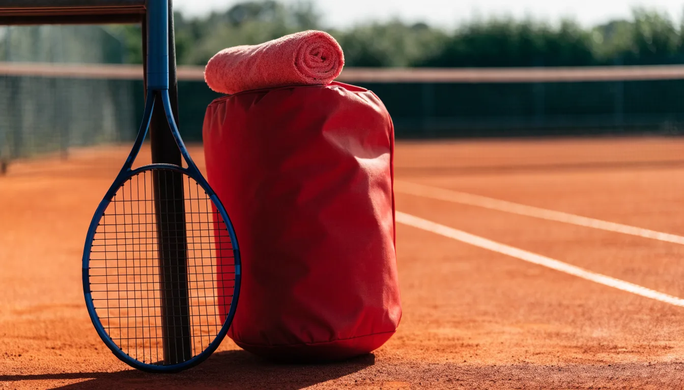 Ein Tennisschläger lehnt an einer Bank neben einer Sporttasche, im Hintergrund ein leerer Platz.