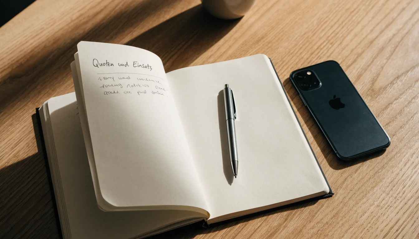 Ein Notizbuch mit handschriftlichen Notizen und ein Kugelschreiber liegen neben einem Smartphone mit dunklem Display auf einem Holztisch.