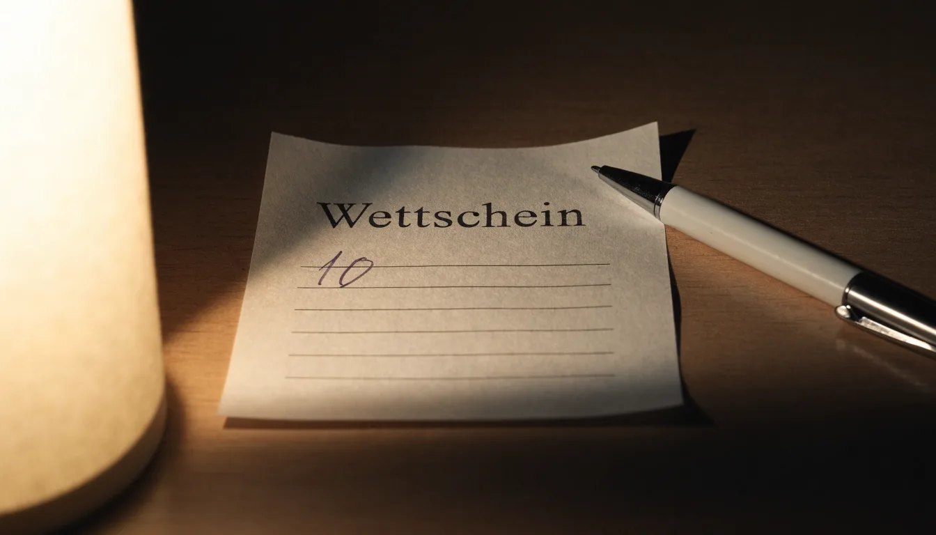 Ein leerer Wettschein aus Papier liegt neben einem Stift auf einem Schreibtisch im Licht einer kleinen Tischlampe.