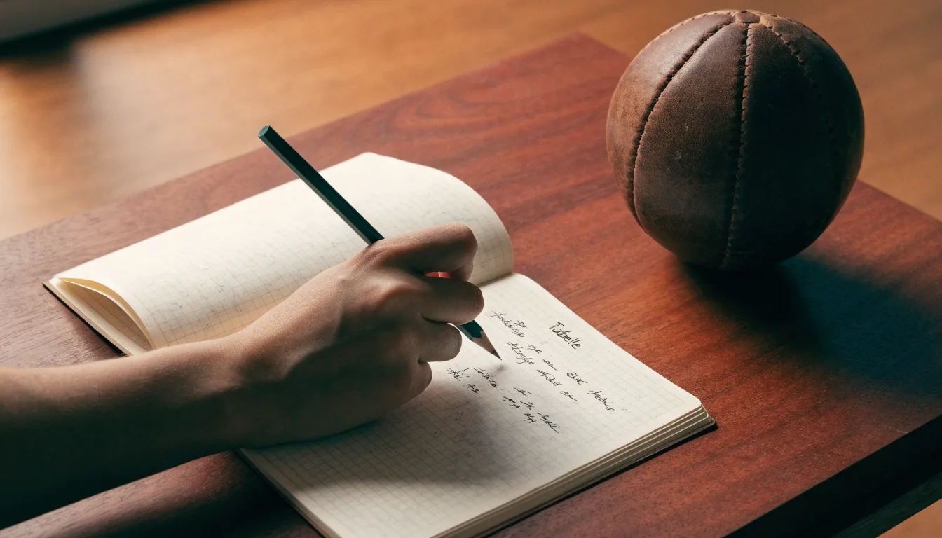 Eine Hand notiert mit Bleistift Zahlen in ein kariertes Heft, daneben liegt ein kleiner Lederfußball auf einer Holzplatte.