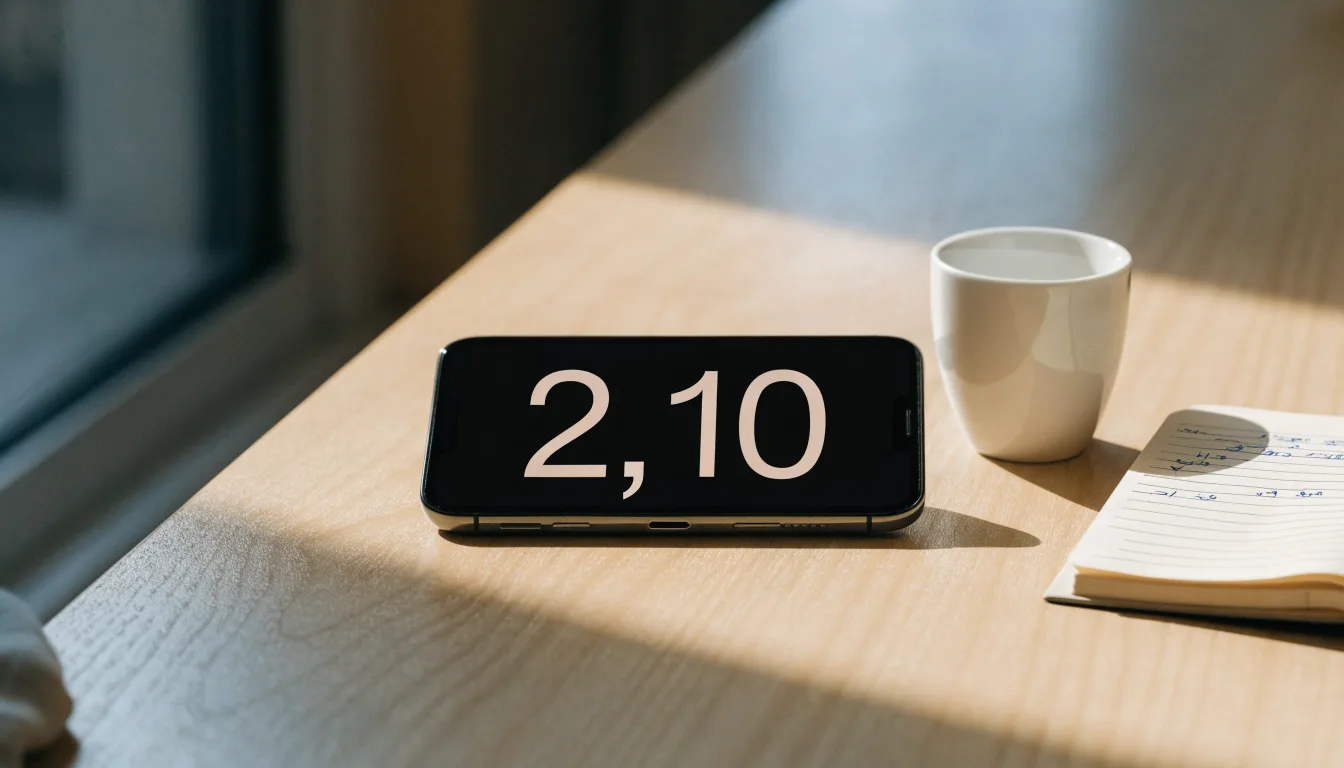 Ein Smartphone mit dunklem Display liegt neben einer Kaffeetasse und einem Notizblock auf einem hellen Tisch.