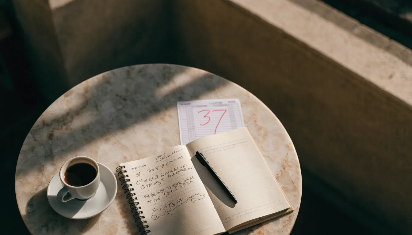 Eine Espressotasse steht auf einem kleinen Marmortisch einer Terrasse, daneben ein Notizheft mit handschriftlichen Skizzen.
