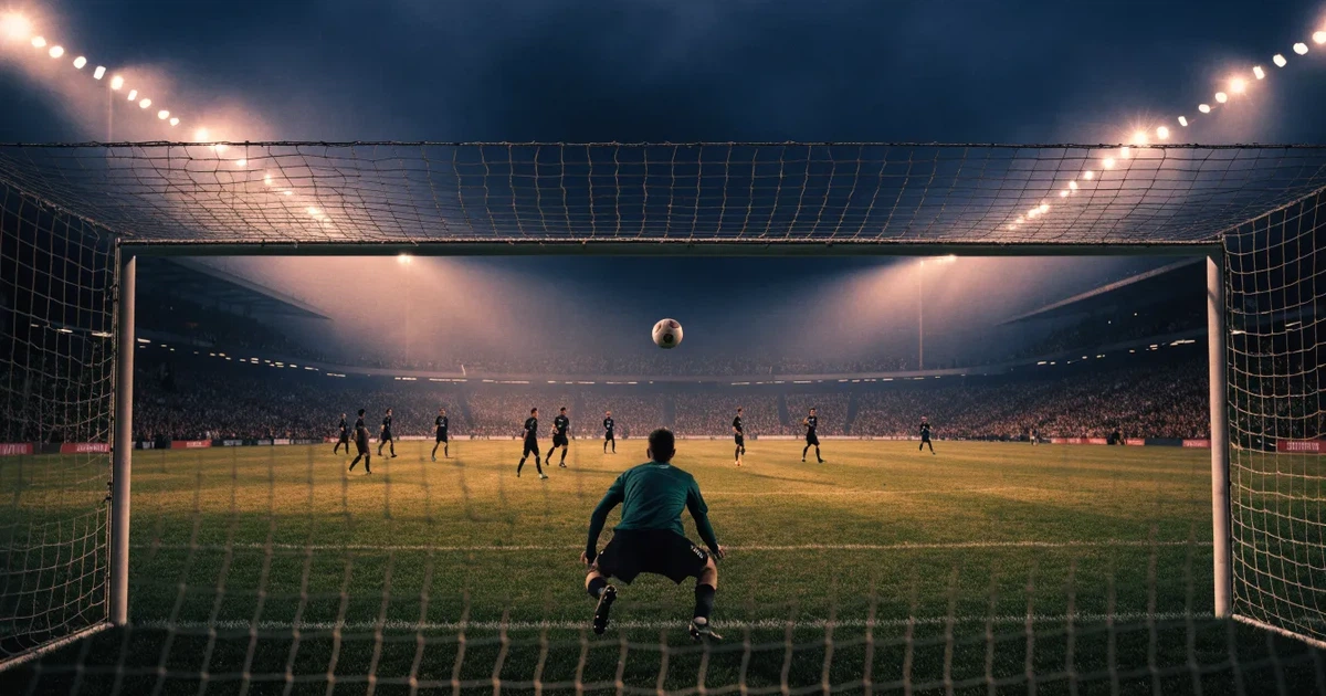 Leere Sitzreihen eines großen Stadions unter Flutlicht, dahinter die ferne Sicht auf den hell beleuchteten Rasen nach Sonnenuntergang.