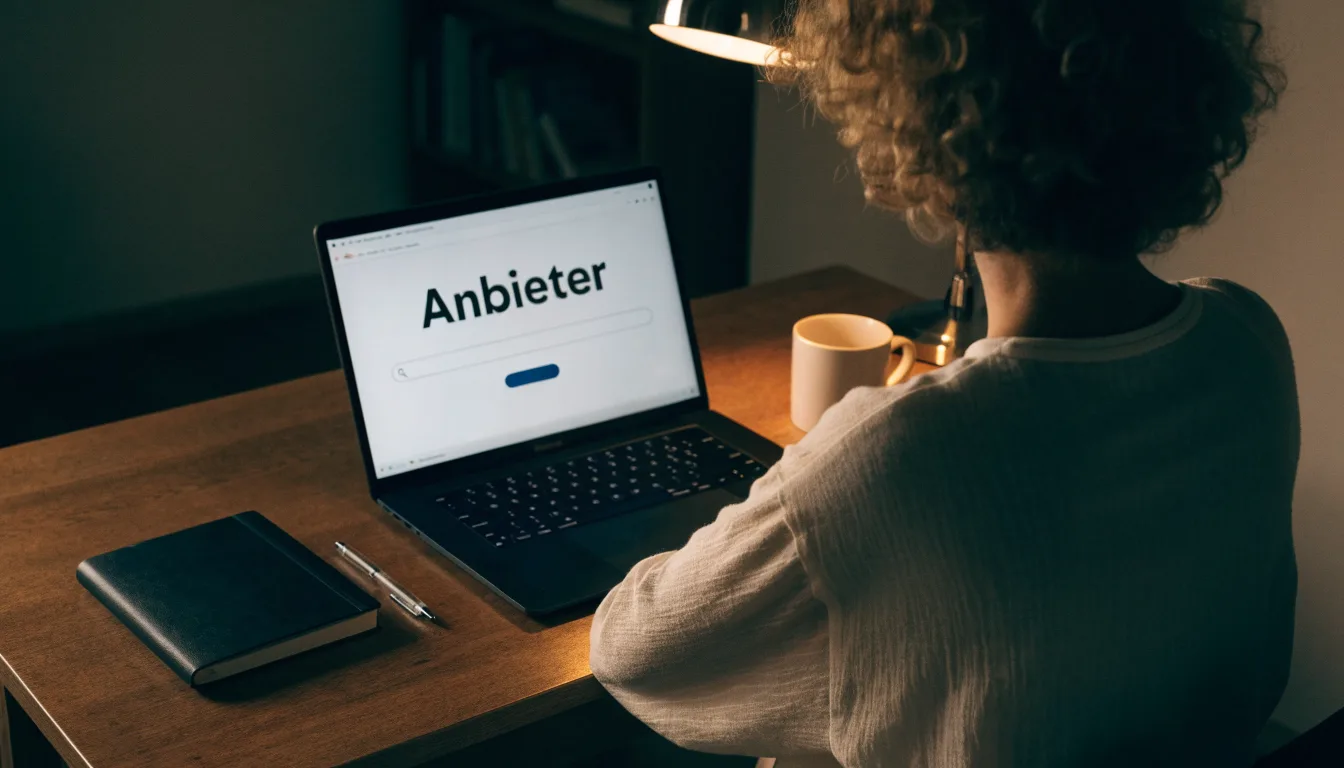 Ein Schreibtisch mit Stehlampe, einem geschlossenen Laptop und einem hölzernen Richterhammer im Halbdunkel.