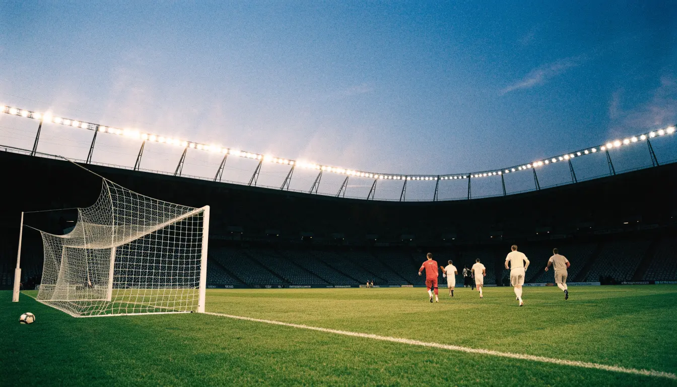 Eine leere Stadiontribüne unter Flutlicht aus der Ferne betrachtet, die Rasenfläche leuchtet grün in der Dämmerung.