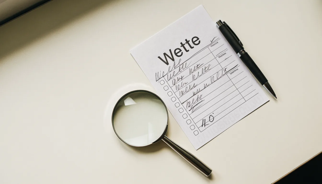 Ein leerer Wettschein aus Papier und ein Kugelschreiber liegen auf einem Schreibtisch neben einer Lupe.
