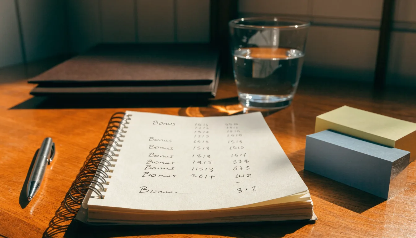 Ein Notizbuch mit handschriftlichen Rechnungen und ein Taschenrechner liegen auf einem aufgeräumten Schreibtisch in warmem Licht.
