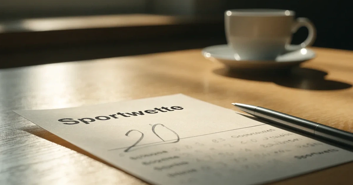 Ein leerer Papier-Wettschein liegt neben einem Kugelschreiber und einer Kaffeetasse auf einem hellen Holztisch, Tageslicht von links.