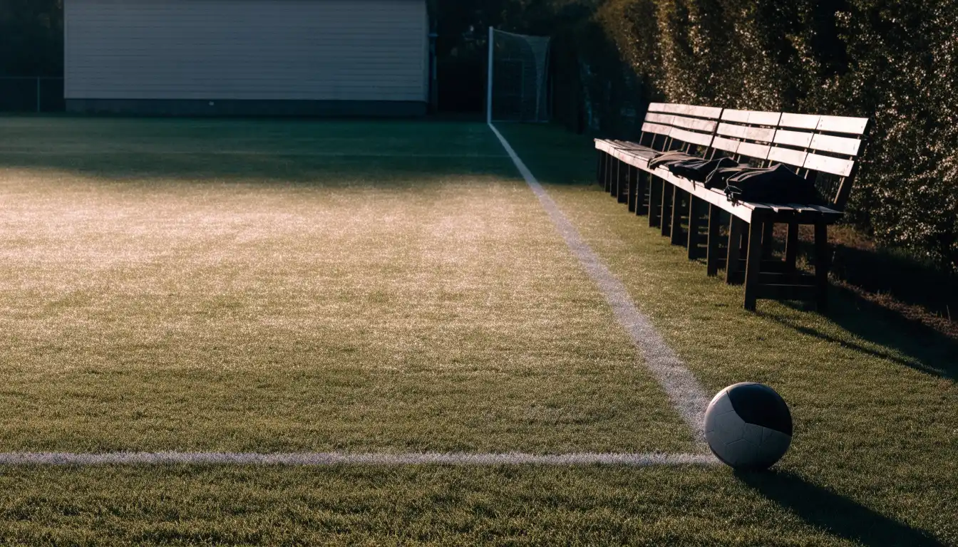 Ein Fußballplatz mit frisch gezogenen Kreidelinien im ersten Morgenlicht, leere Ersatzbänke am Spielfeldrand.