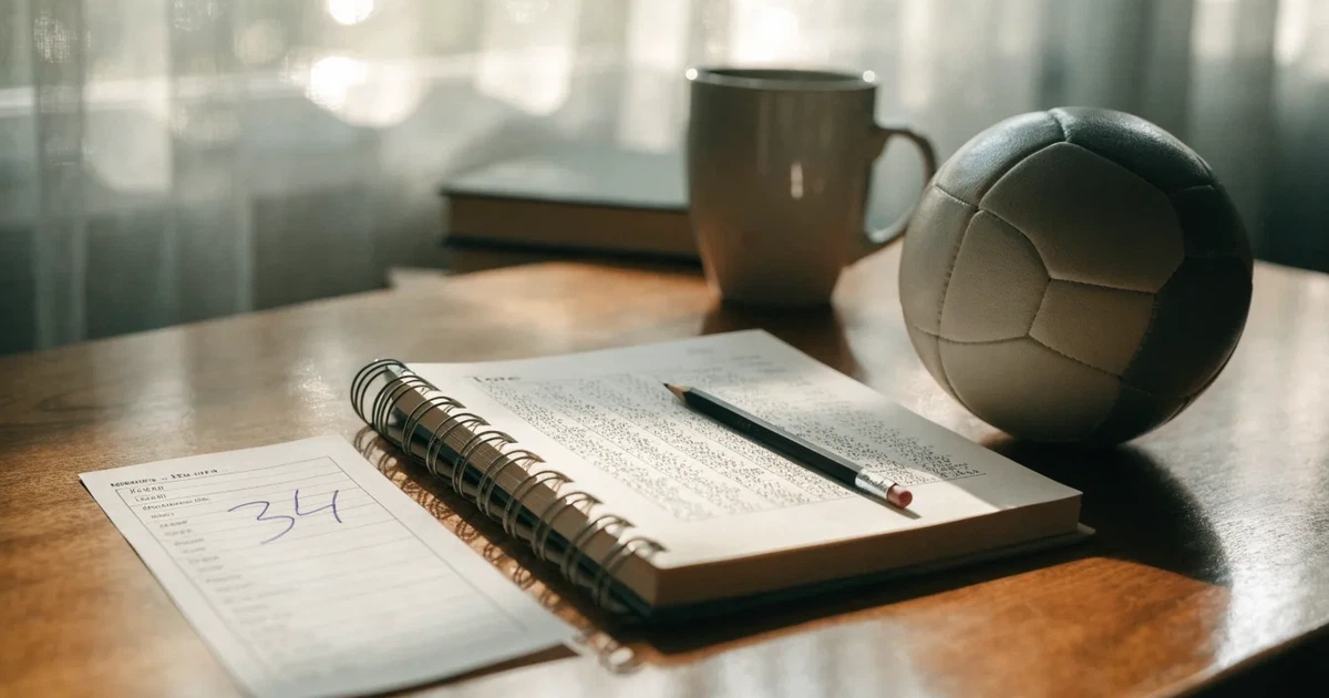 Ein Notizbuch mit handschriftlichen Strichlisten, ein Bleistift und ein kleiner Fußball liegen auf einem Schreibtisch vor einem Fenster.