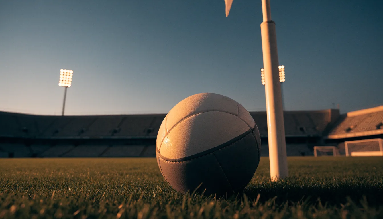 Ein Fußball liegt neben einem Eckfahnen-Pfosten auf einem Rasenplatz, im Hintergrund ein leeres Stadion in der Dämmerung.