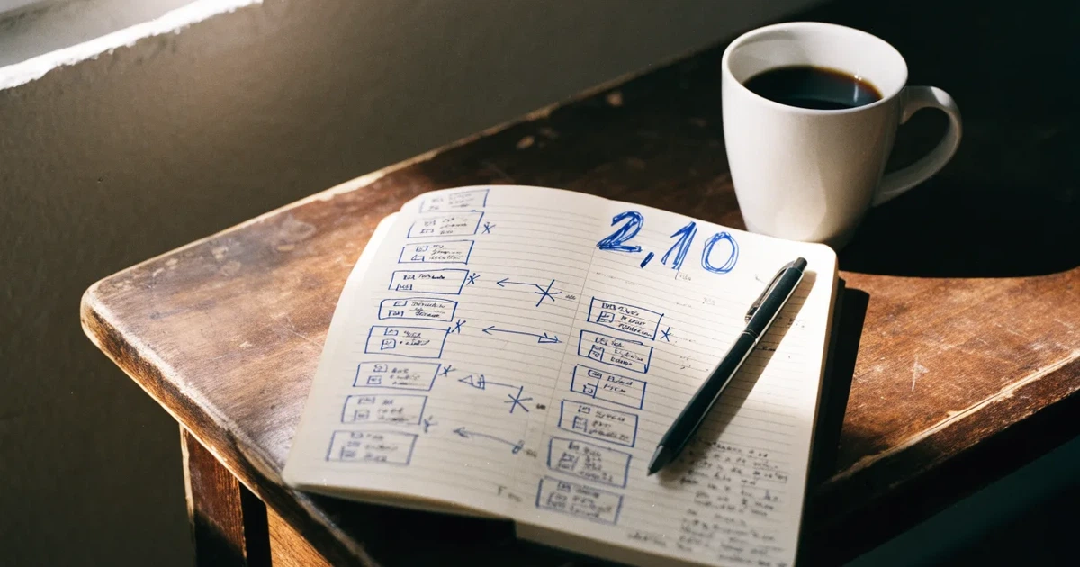 Ein aufgeklapptes Notizbuch mit handschriftlichen Pfeilen und Kreuzen liegt neben einem Kugelschreiber und einem Becher Kaffee auf einem Tisch am Fenster.