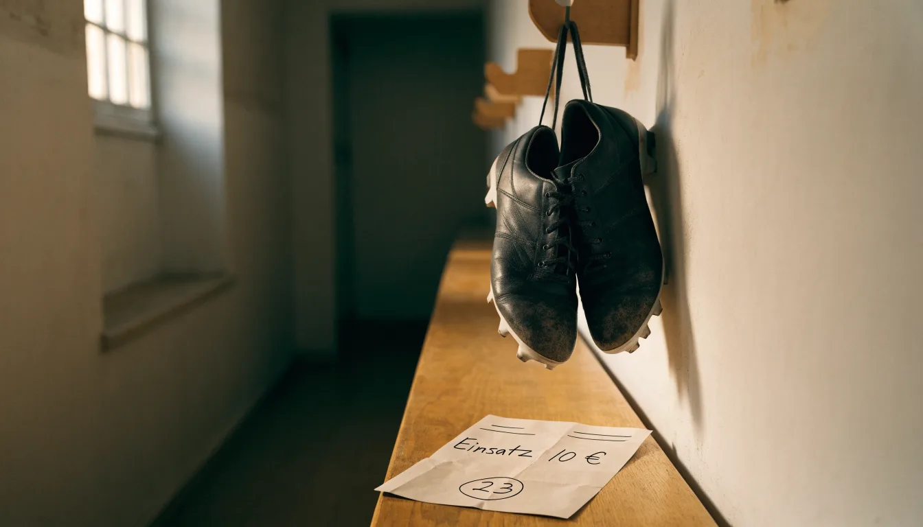 Ein Paar Fußballschuhe hängt an den Schnürsenkeln an einem Holzhaken in einer leeren Umkleidekabine.