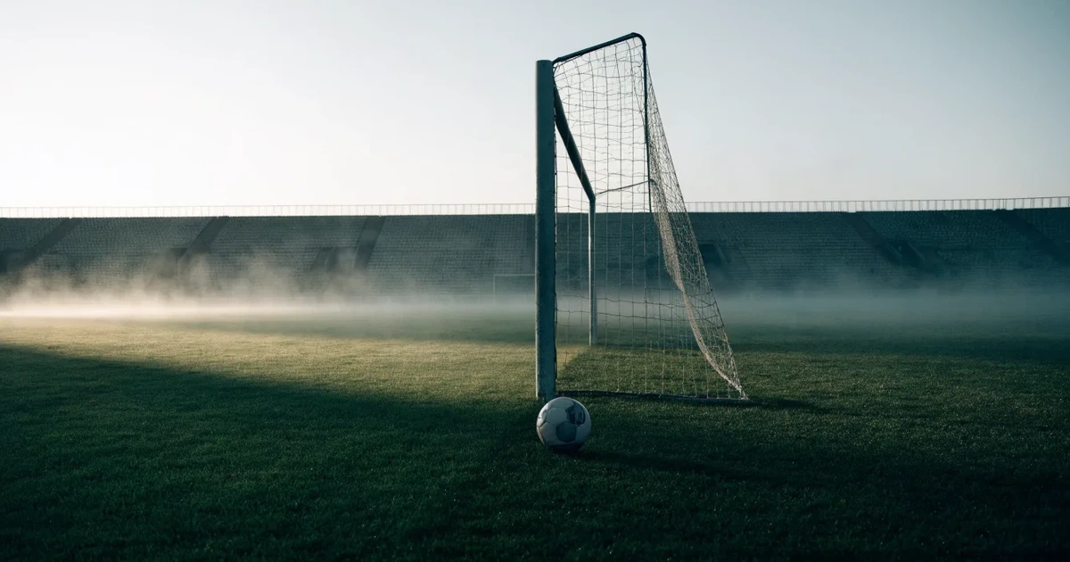 Ein Fußballplatz mit gepflegtem Rasen und einem Tor, über dem Spielfeld liegt Morgennebel, im Hintergrund eine leere Tribüne.