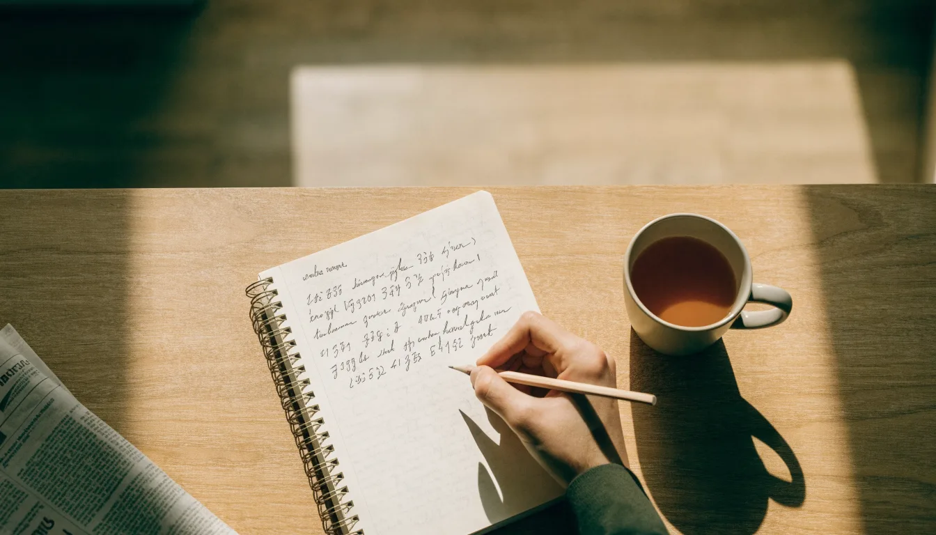 Ein Schreibtisch mit Taschenrechner, Bleistift und einem Block voller handschriftlicher Rechnungen, daneben eine Tasse Tee.