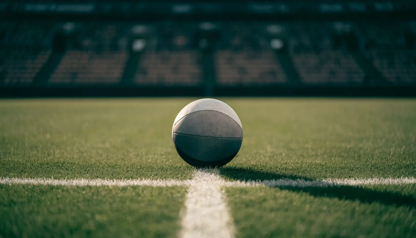 Ein Fußball liegt auf dem Rasen im Mittelkreis, die Kreidelinien führen scharf ins Bild, dahinter verschwimmt eine Tribüne.