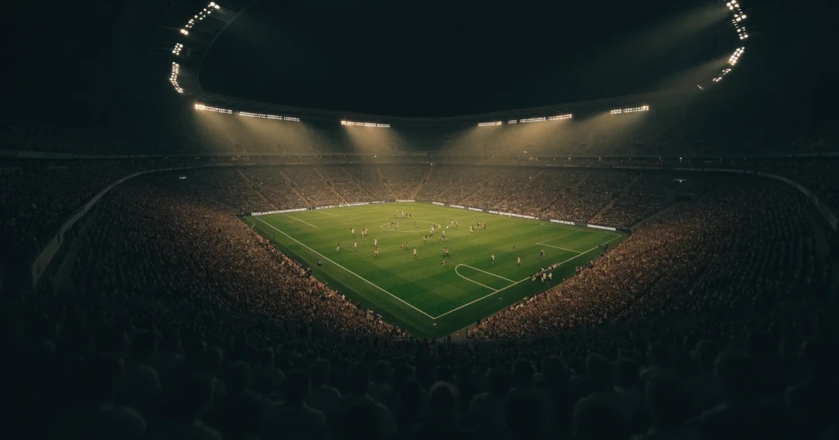 Ein großes Stadion bei Nacht, aus der Ferne unter Flutlicht gesehen, die Ränge hell erleuchtet, der Rasen leuchtend grün.