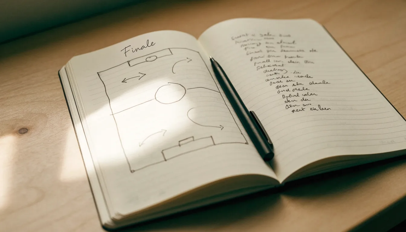 Ein aufgeschlagenes Notizbuch mit handschriftlichen Skizzen von Spielzügen liegt neben einem Kugelschreiber auf einem Holztisch.