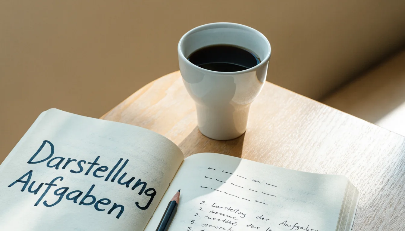 Ein aufgeschlagenes Notizbuch mit handgeschriebenen Stichpunkten und ein Bleistift liegen neben einer Kaffeetasse auf einem hellen Holztisch.
