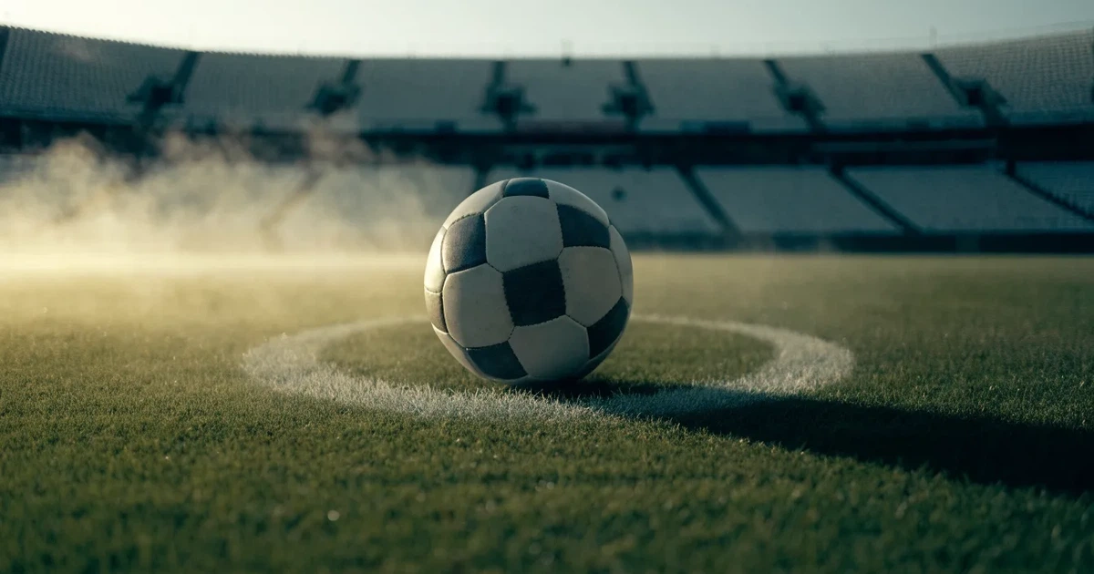 Ein Fußball liegt auf dem Mittelkreis eines Stadionrasens am frühen Morgen, im Hintergrund leere Ränge ohne erkennbare Beschriftung.