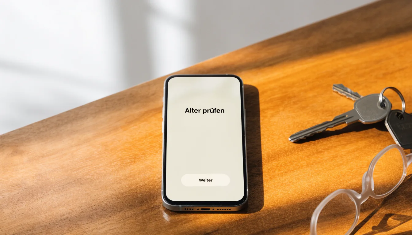 Ein Smartphone liegt mit dunklem Display auf einem Holztisch neben einem Schlüsselbund und einer Brille im Licht eines Fensters.