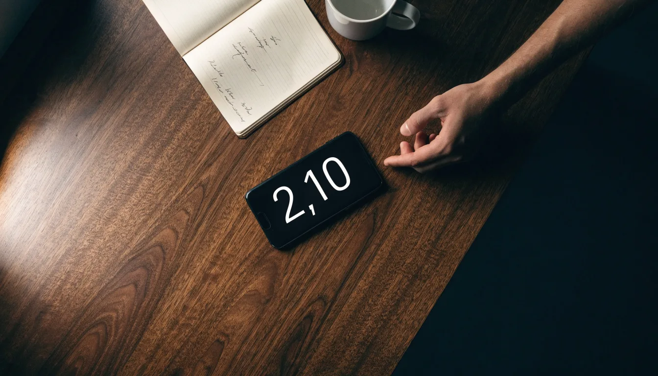 Ein Smartphone liegt mit dunklem Display auf einem Schreibtisch neben einem Notizbuch und einer Kaffeetasse.