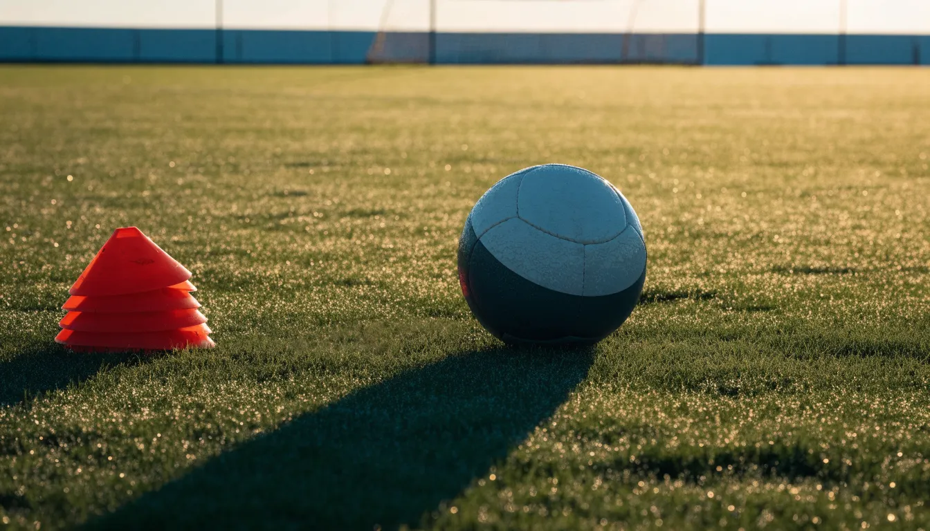 Ein Fußball liegt auf einem Rasenplatz bei Sonnenaufgang, daneben ein kleiner Stapel Trainingshütchen.