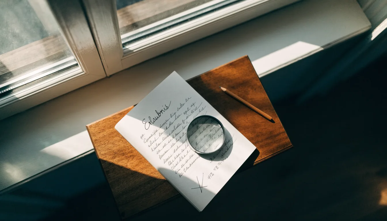 Ein schmaler Schreibtisch am Fenster mit einem Notizbuch, einer Lupe und einem Bleistift im Morgenlicht.