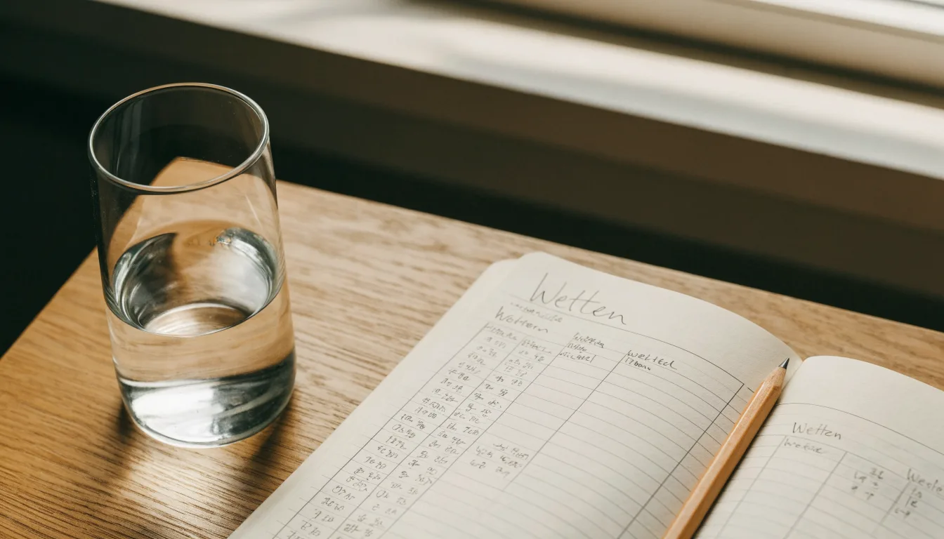 Ein Notizbuch mit handgezeichneten Spalten und ein Bleistift liegen auf einem hellen Holztisch neben einem Glas Wasser.