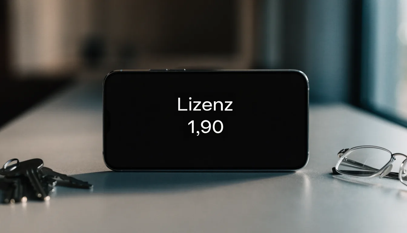 Ein Smartphone liegt mit dunklem Display auf einem Schreibtisch neben einem Schlüsselbund und einer Brille.